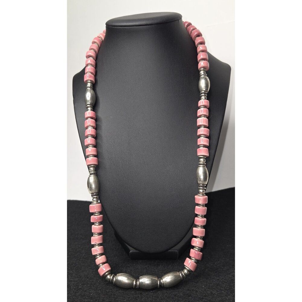 Artisan Silver and Pink Ceramic Beaded Necklace